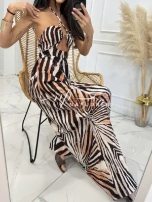 Дълъг гащеризон с животински принт и тънки презрамки - код Bi9433