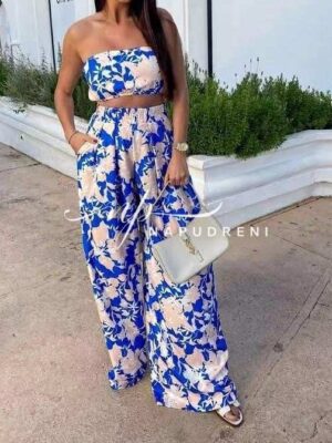 Дамски сет от две части в син цвят с бежови цветя - код GT9296