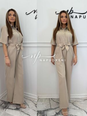 Дамски гащеризон с колан в бежов цвят - код 8949