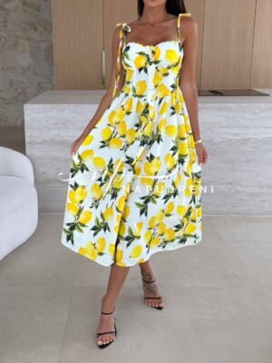 Дълга рокля с презрамки ''BORISSA'' с лимони в бял цвят - код G9271