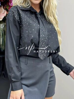 Дамска риза с камъни и вратовръзка в черен цвят - код 8025