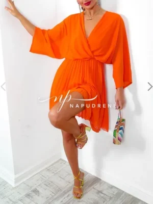 Дамска рокля с буфан ръкави в оранжев цвят- код 6975