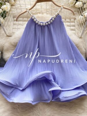 Стилен потник с перли в син цвят - код 9321