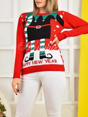 Пуловер Happy New Year в червено - код 977