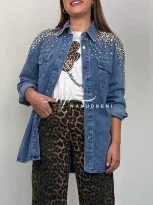 Дънкова риза с камъчета в тъмносин цвят - код SE9735