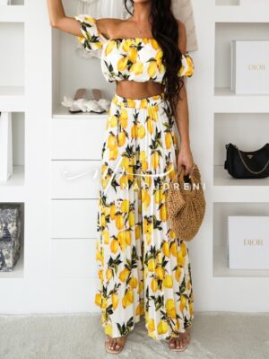 Сатенен сет от две части в бял цвят с лимони - код BL9370