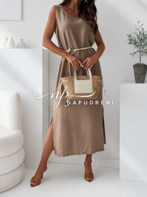 Стилна рокля с коланче ''MARINNA'' в кафяв цвят - код G9547