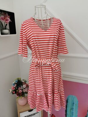 Кокетна раирана рокля в бяло и червено - код P486