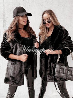 Дамско пухено палто в черен цвят - код 3766