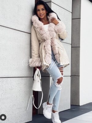 Дамска парка "Nora" в кремав цвят и пух - код 6070