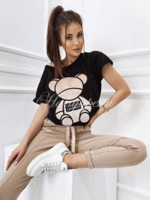 Дамска тениска с мече в черен цвят - код 3155