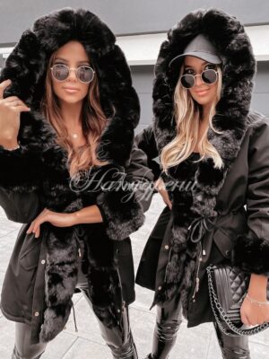Черна парка с пух и качулка - код 845
