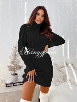 Вталена рокля плетиво в черен цвят – код 4017