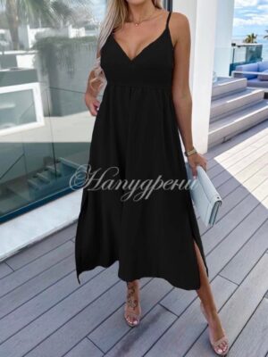 Дълга рокля "Zorrie" с цепка в черно - код 4911