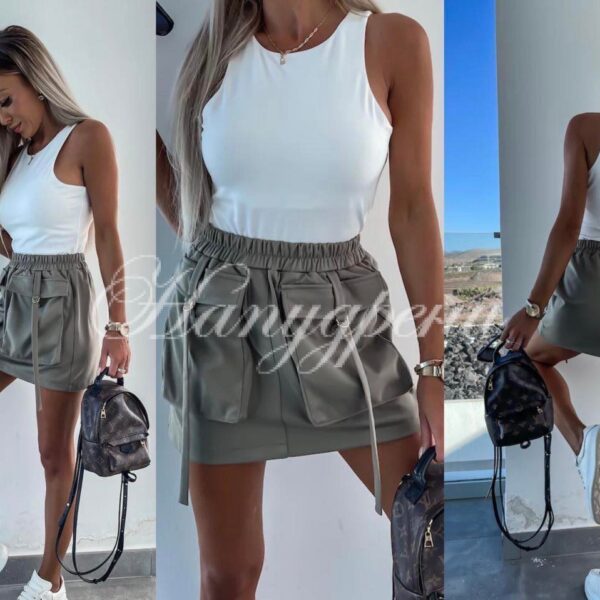 Дамска ефектна пола с джобчета в зелено - код 5111