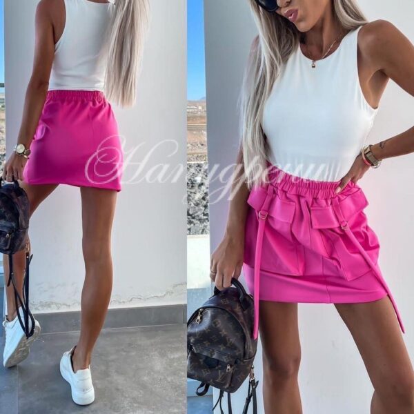 Дамска ефектна пола с джобчета в цикламено - код 5113