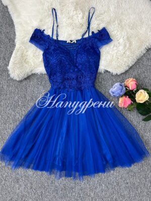 Официална рокля с дантела и тюл в син цвят – код 5104