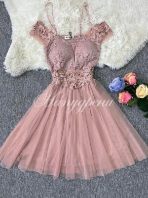 Официална рокля с дантела и тюл в цвят пудра – код 5103
