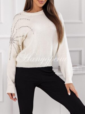 Дамска блуза с ефектен ръкав в бял цвят - код 6218