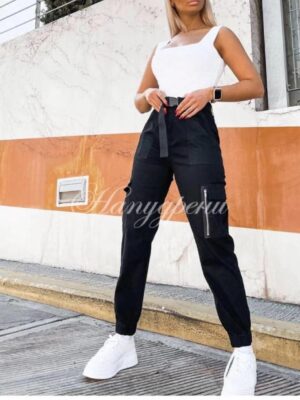 Дамски панталон с ластик и коланче в черен цвят - код 6011