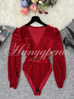 Дамско боди с блестящи нишки в червен цвят - код 6411