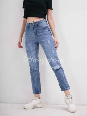 Дамски изчистени дънки в светлосин цвят - код 6067