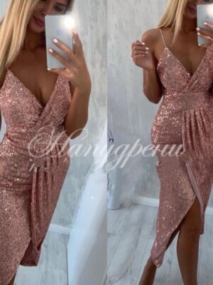 Дамска пайетена рокля с презрамки в цвят пудра - 6282
