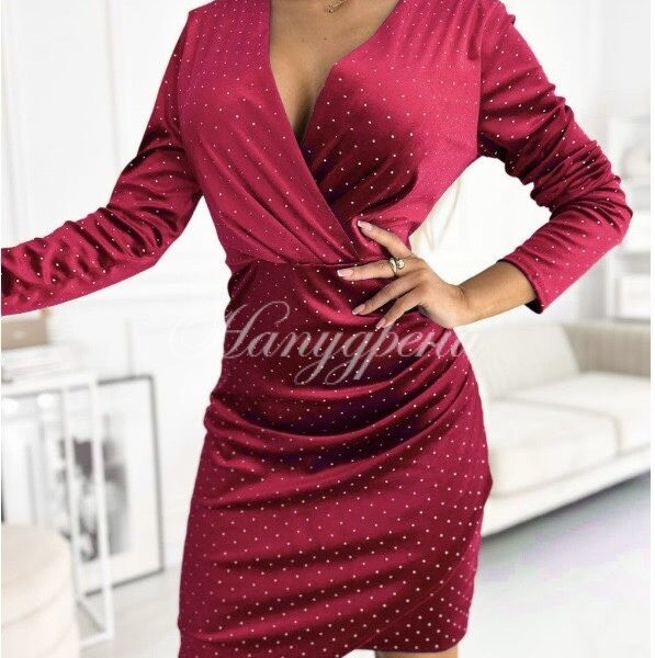 Дамска рокля "Allbena" с маниста в червен цвят - код 6385