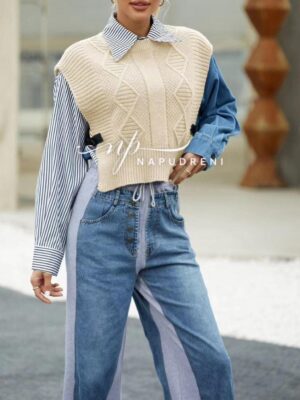 Екстревагантна риза в син цвят с бежово елече - код 6451