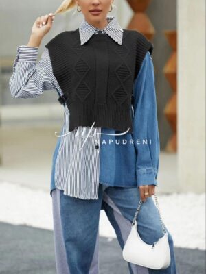 Екстревагантна риза в син цвят с черно елече - код 6450