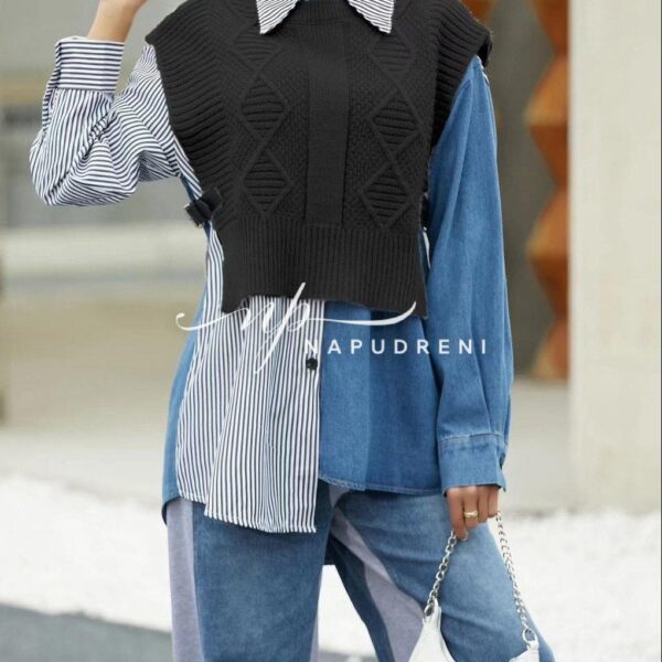 Екстревагантна риза в син цвят с черно елече - код 6450