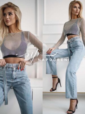 Дънки с широки крачоли и коланче в светлосин цвят - код 6458