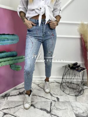 Дамски дънки с червени пръски - код 6545