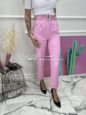 Дамски панталон с прозрачен колан в розов цвят - код 6790