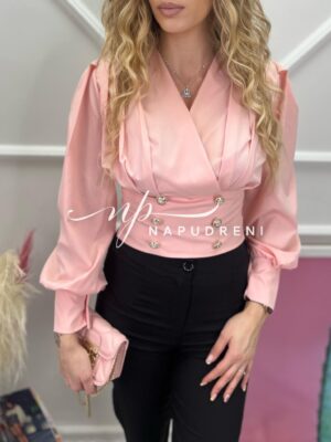 Дамска ефектна блуза със свободни ръкави в розов цвят - код 6865