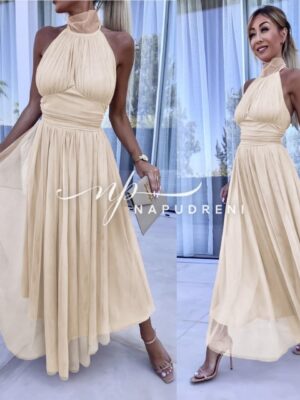 Дамска рокля с тюл и ефектна кройка в бежов цвят - код 6913