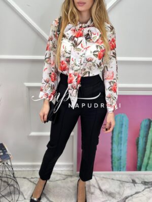 Дамска флорална риза с връзка в бял цвят -код 6949