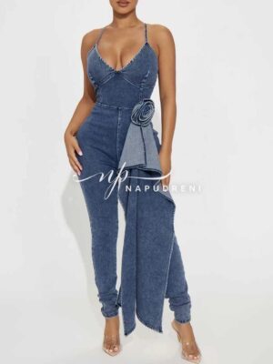 Дънков гащеризон с ефектна роза - код 6993