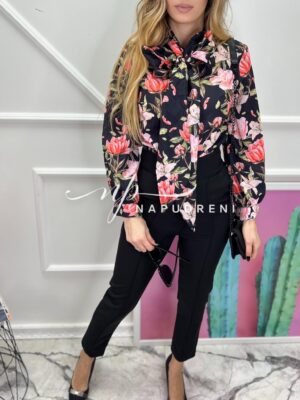 Дамска флорална риза с връзка в черен цвят -код 6950
