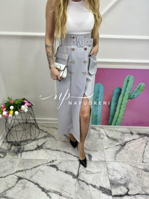 Дамска дълга пола с коланче в сив цвят - код 7003