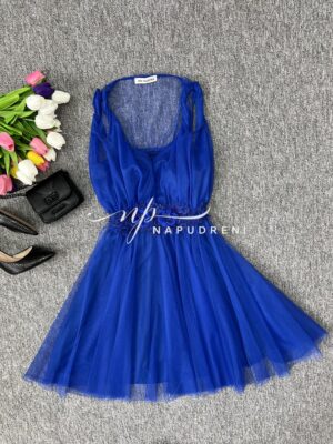 Дамска рокля с тюл и дантела в тъмносин цвят - код 7037