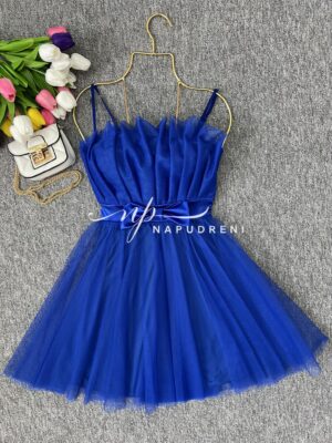 Кокетна дамска рокля с тюл в тъмносин цвят - код 7027