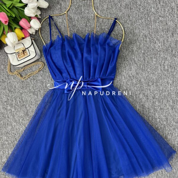 Кокетна дамска рокля с тюл в тъмносин цвят - код 7027