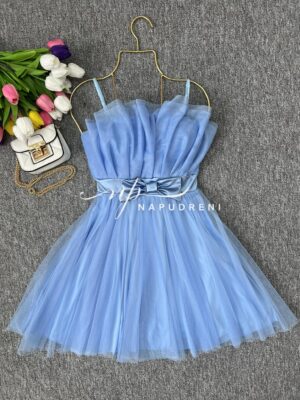 Кокетна дамска рокля с тюл в светлосин цвят - код 7026