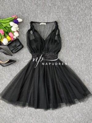 Дамска рокля с тюл и дантела в черен цвят - код 7031