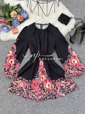 Дамска черна рокля с червени цветя – код 7071