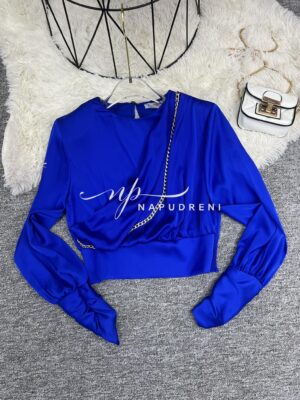 Дамска къса сатенена блуза в син цвят – код 7091