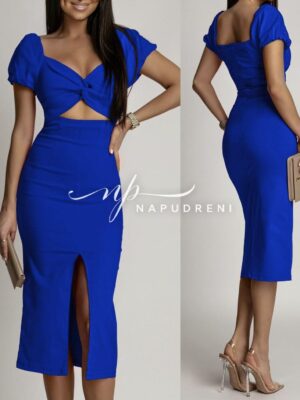 Дамска рокля с ефектна кройка в тъмносин цвят – код 7383