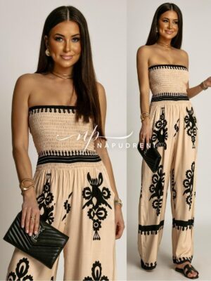 Дамски гащеризон с ефектни орнаменти в бежов цвят - код 7441