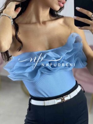 Дамско боди с къдрички в син цвят - код 7211